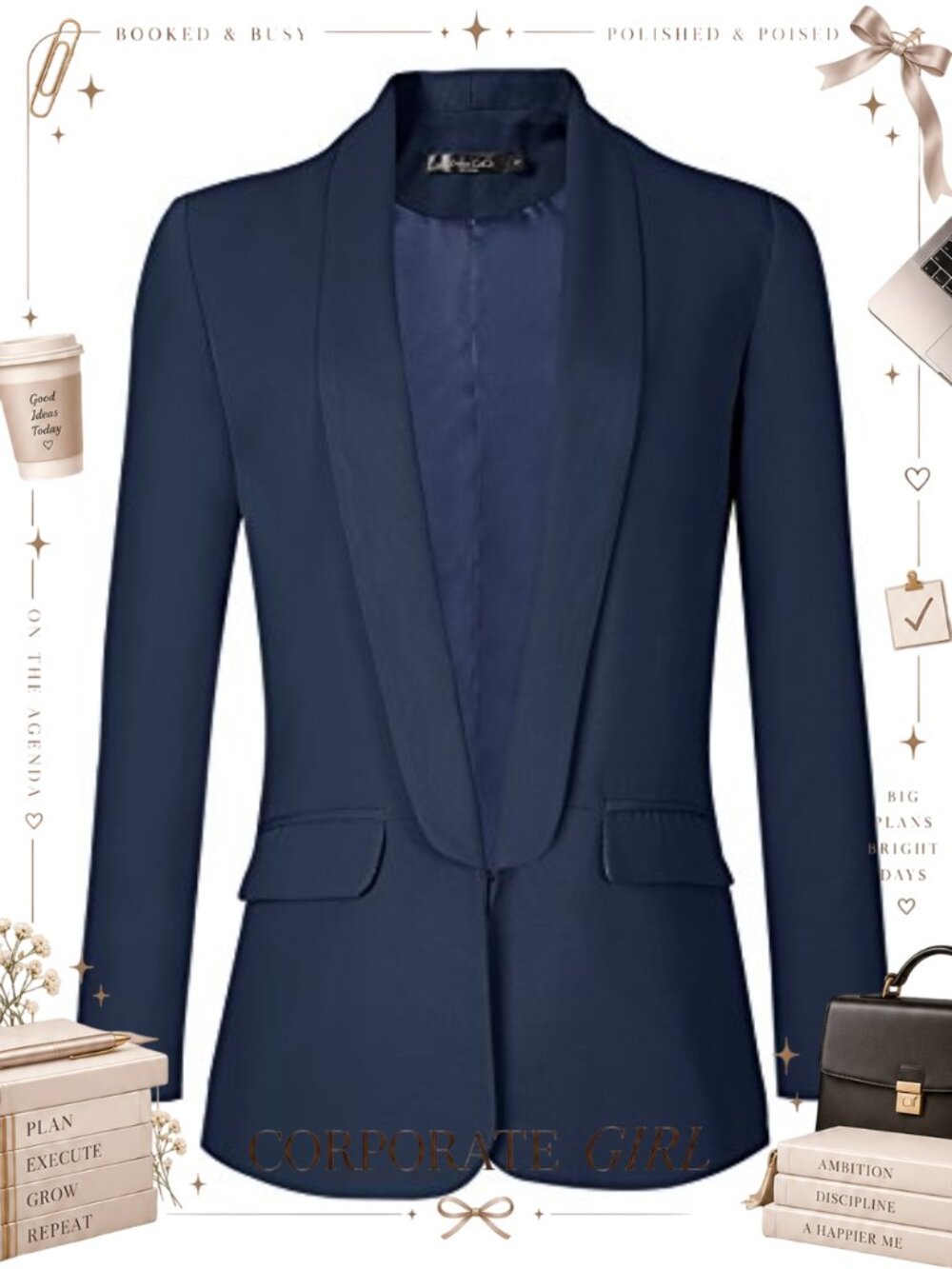 Women's Open Front Office Blazer Long Sleeve Hook Eye Business Jacket